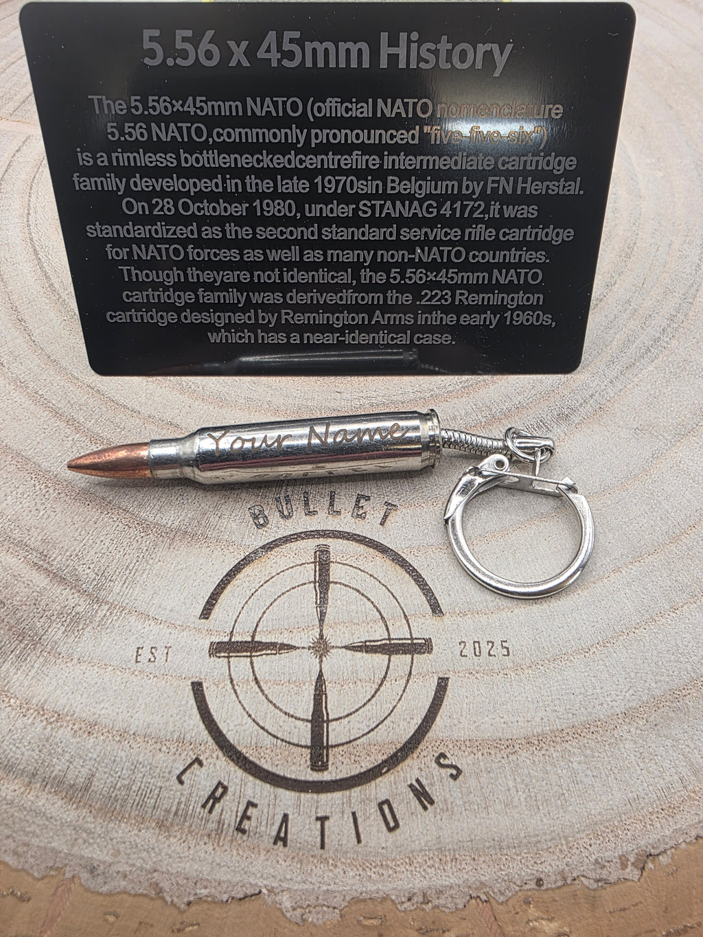 Personalised 5.56/223 Nickel Plated (Silver) Bullet Keyring - A Unique Keepsake!