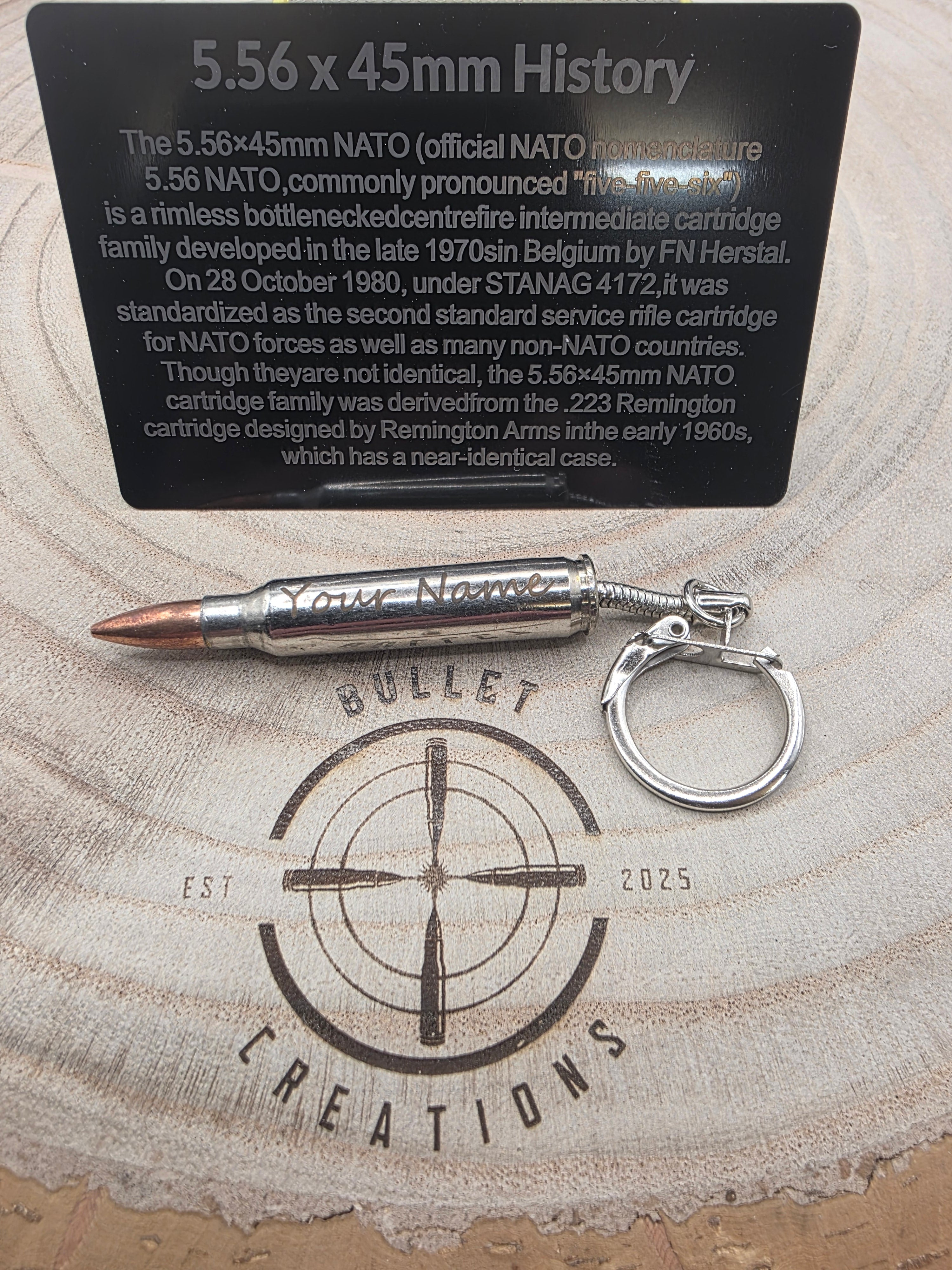 Personalised 5.56/223 Nickel Plated (Silver) Bullet Keyring - A Unique Keepsake!