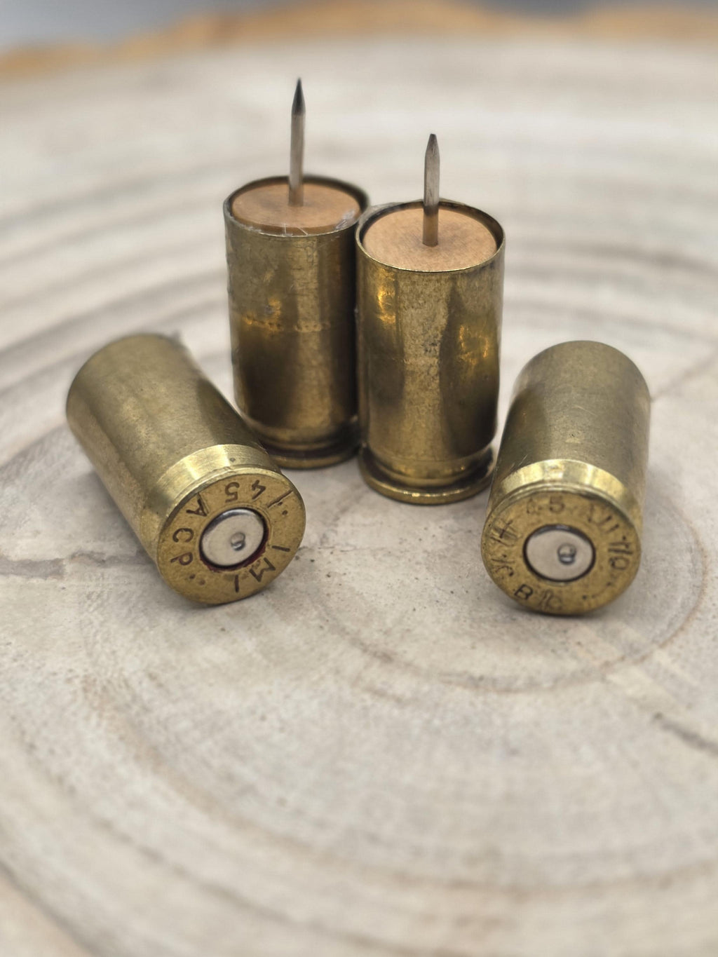Up-cycled 45 acp Brass Bullet Push Pins – Set of 4
