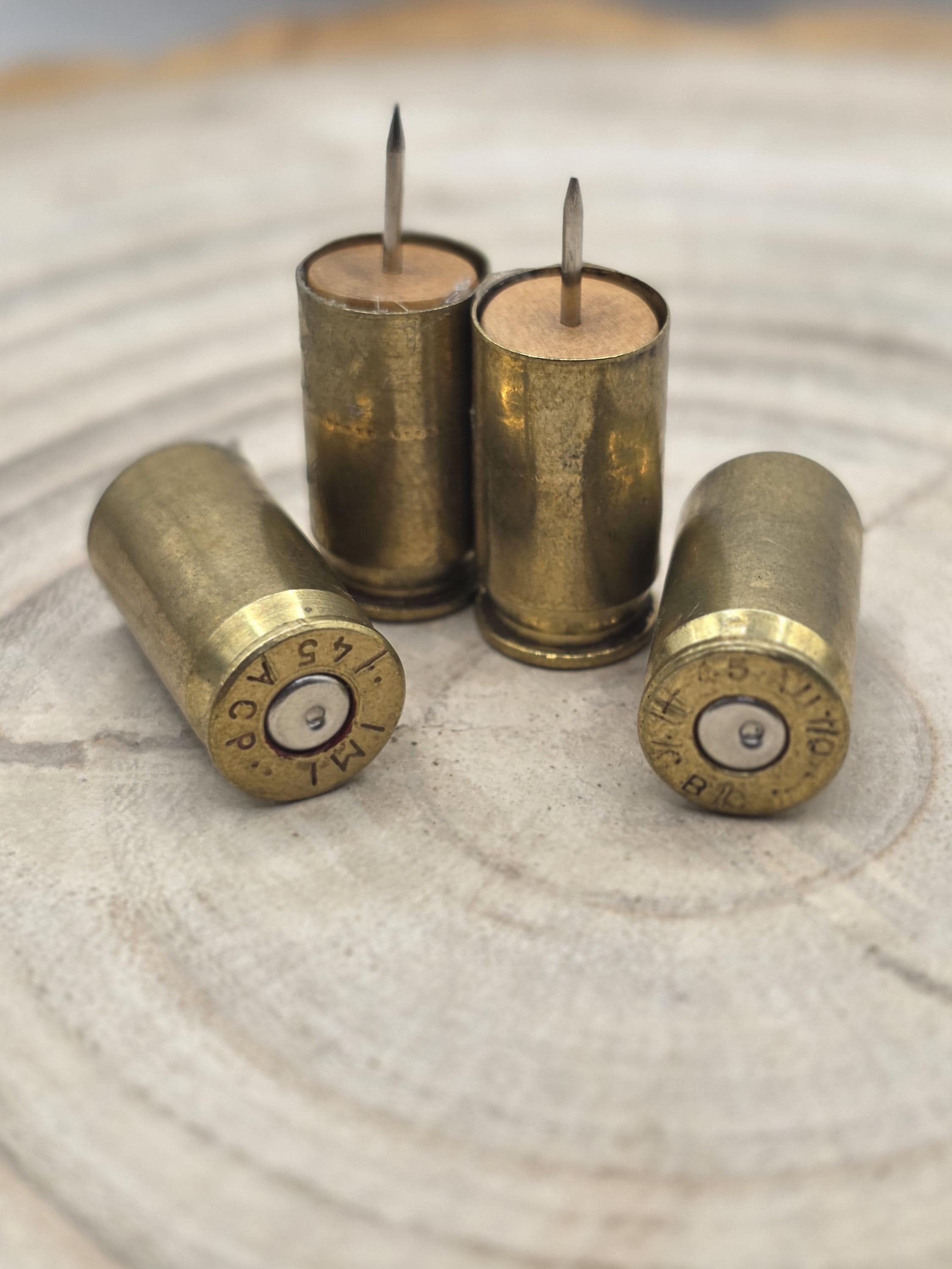 Up-cycled 45 acp Brass Bullet Push Pins – Set of 4