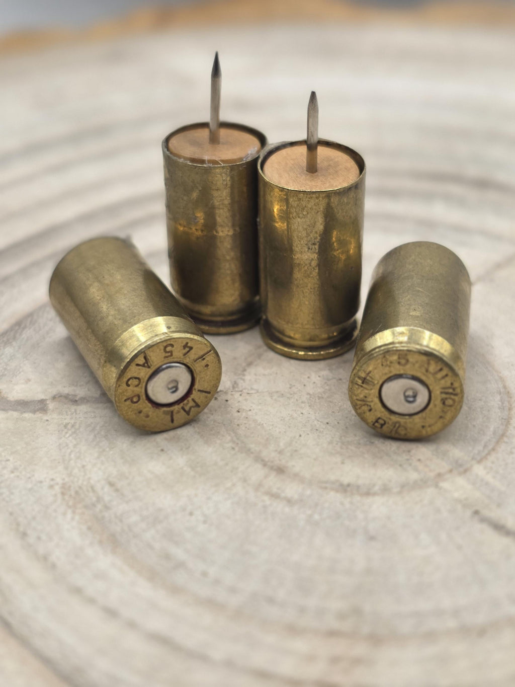 Up-cycled 45 acp Brass Bullet Push Pins – Set of 4