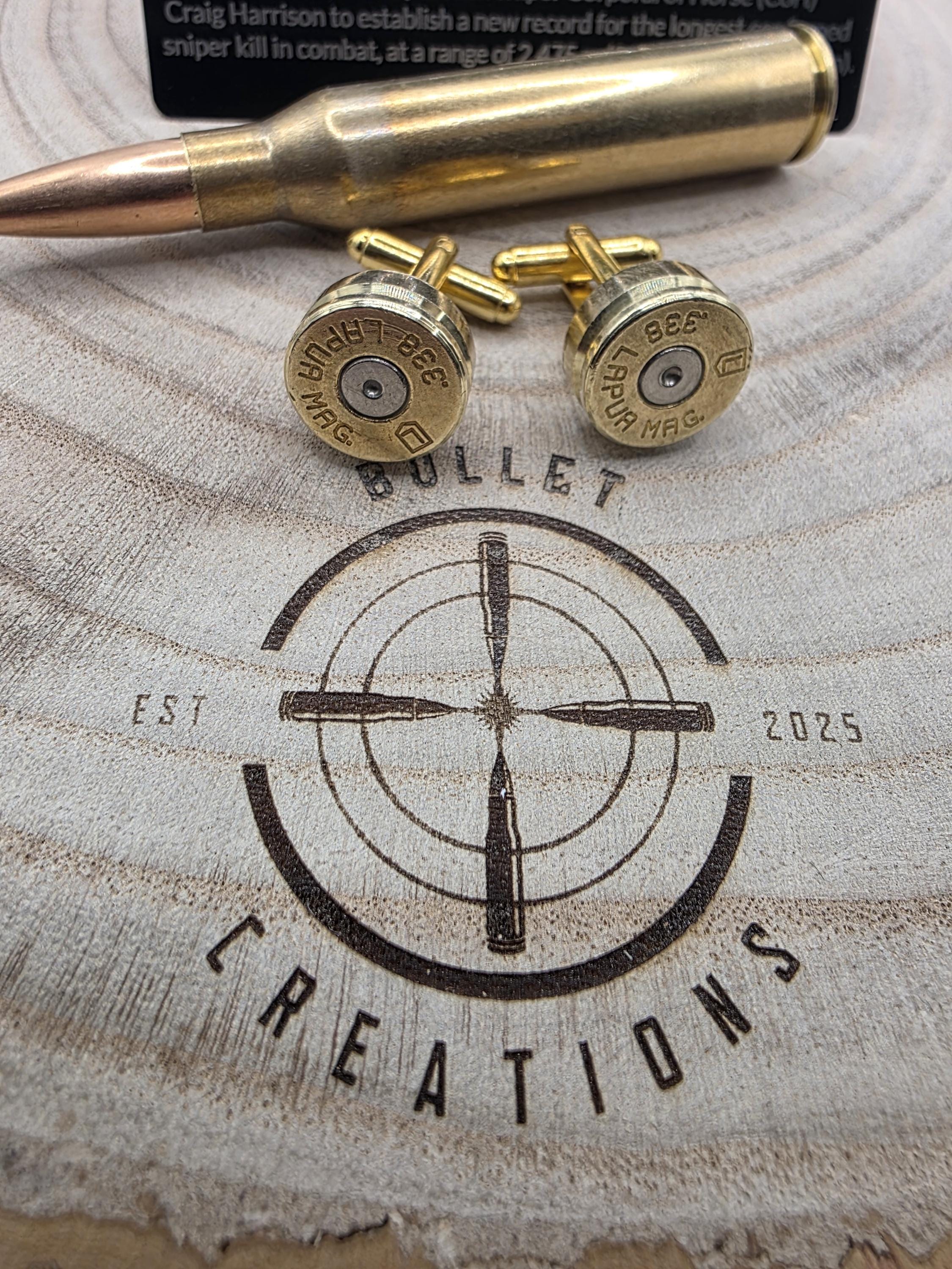 338 Brass Cufflinks, Fired Cartridge Jewellery