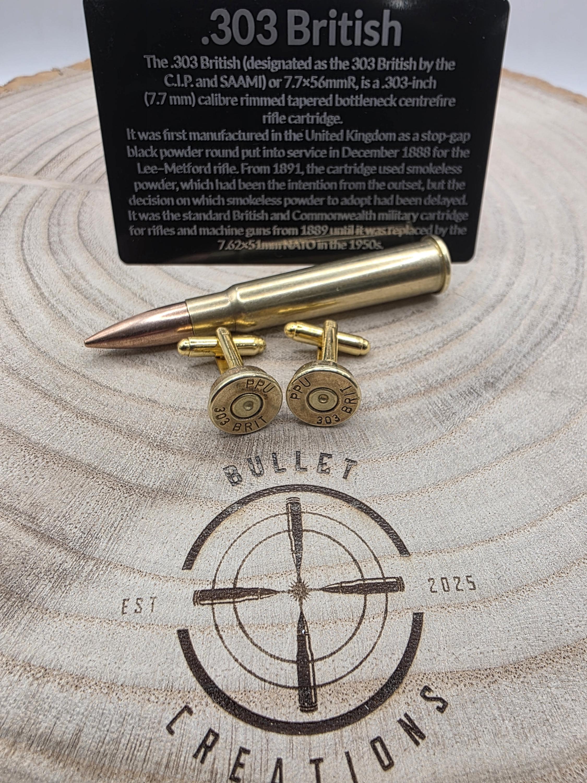 303 British Brass Cufflinks, Lee Enfield Fired Cartridge Jewellery